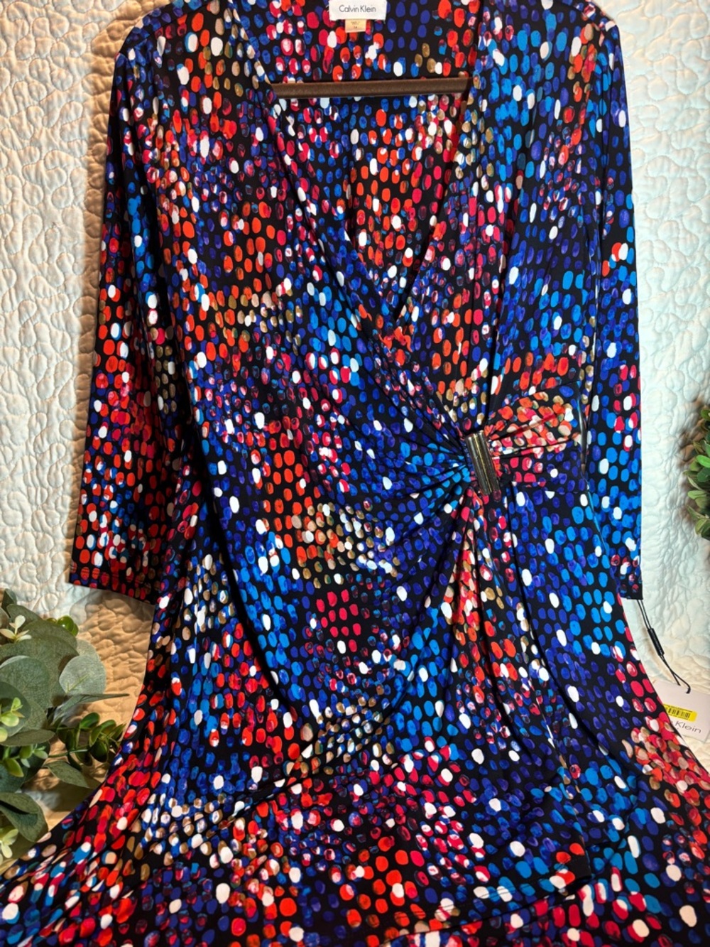 Calvin Klein Multicolor Polka-Dot Wrap Dress - Blue, Red, White